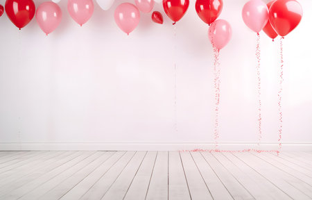 red and pink heart shape balloons on white wooden floor over white blurred roomの素材