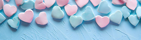 Valentines day, Valentine's day love wedding concept banner greeting card template - Fallen soft pastel pink and blue hearts, isolated on blue paper table background texture, top viewの素材