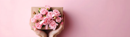 Valentine's Day, wedding, birthday celebration holiday greeting card banner concept - Woman hands holding a present gift box with pink bunch bouquet of roses flowersの素材