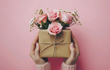 Valentine's Day, wedding, birthday celebration holiday greeting card banner concept - Woman hands holding a present gift box with pink bunch bouquet of roses flowersの素材