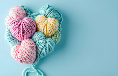 cute hearts knitted in various pastel colors ob pastel blue backgroundの素材