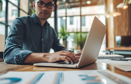 Businessman brainstorming, having a discussion about work project, working on laptop computer at modern office. Business teamworkの素材