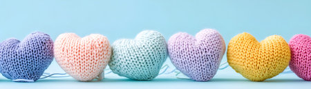 cute hearts knitted in various pastel colors ob pastel blue backgroundの素材