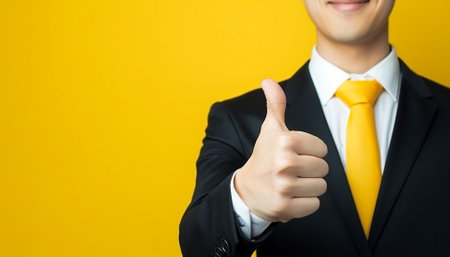 Businessman hand thumb up on yellow punched paperの素材