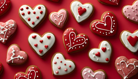 Happy Valentine's Day, Valentine Love Wedding birthday greeting card background - Closeup of gingerbread heart cookies with icing on red table texture, flat lay, top viewの素材
