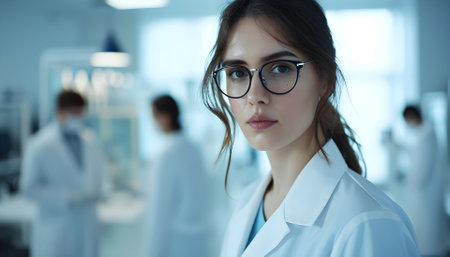 Beautiful young woman scientist wearing white coat and glasses in modern Medical Science Laboratory with Team of Specialists on backgroundの素材