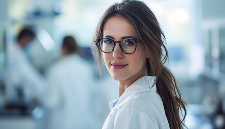 Beautiful young woman scientist wearing white coat and glasses in modern Medical Science Laboratory with Team of Specialists on backgroundの素材