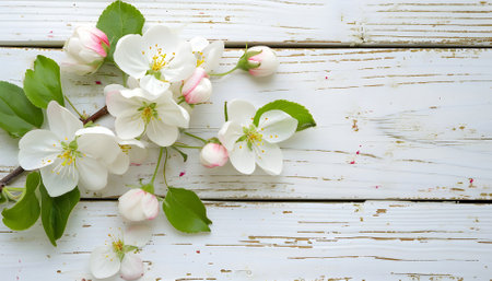 Spring apple blossoms flowering branch on wooden backgroundの素材