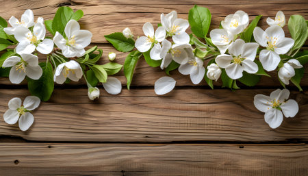 Spring apple blossoms flowering branch on wooden backgroundの素材