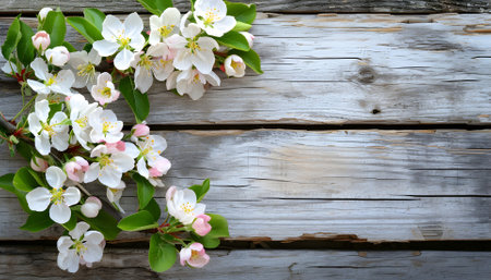Spring apple blossoms flowering branch on wooden backgroundの素材
