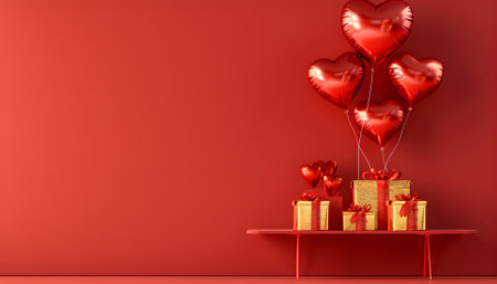 Happy Valentine's Day love or birthday celebration holiday background banner illustration greeting card - Red heart balloons and gold gift box on tableの素材