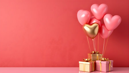 Happy Valentine's Day love or birthday celebration holiday background banner illustration greeting card - Pink heart balloons and gold gift box on tableの素材