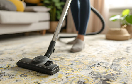 person vacuuming and cleaning a carpetingの素材