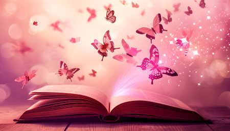 Open book with magic light and glowing butterflies flying out of it on wooden table against light pink bokeh backgroundの素材