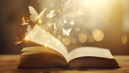 Open book with magic light and glowing butterflies flying out of it on wooden table against light beige bokeh backgroundの素材