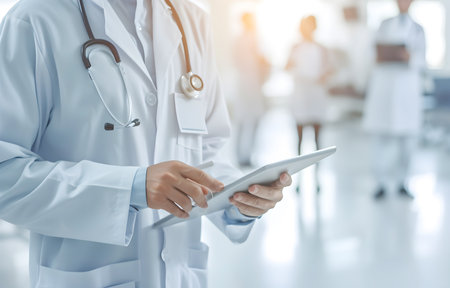 Medical doctor or physician staff in white gown uniform with stethoscope in hospital or clinic service, healthcare conceptの素材