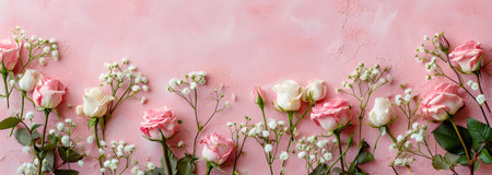 Mother's Day, spring, valentine's day wedding birthday or other celebration holiday concept greeting card template - Bunch bouquet of roses and gypsophila on peach fuzz paper table texture backgroundの素材