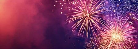 Colorful festive firework in summer party / silvester new year, isolated on dark purple texture, with copy spaceの素材