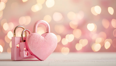 Valentines Day Wedding Love Birthday background banner panorama greeting card template - Pink heart love padlocks with bright heart bokeh lightsの素材