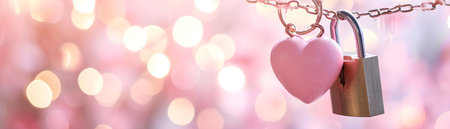 Valentines Day Wedding Love Birthday background banner panorama greeting card template - Pink heart love padlocks with bright heart bokeh lightsの素材