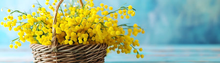 Basket of yellow mimosa flowers snowdrops on a blue spring backgroundの素材