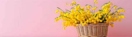 Basket of yellow mimosa flowers snowdrops on a blue spring backgroundの素材