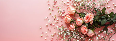 Mother's Day, spring, valentine's day wedding birthday or other celebration holiday concept greeting card template - Bunch bouquet of roses and gypsophila on peach fuzz paper table texture backgroundの素材