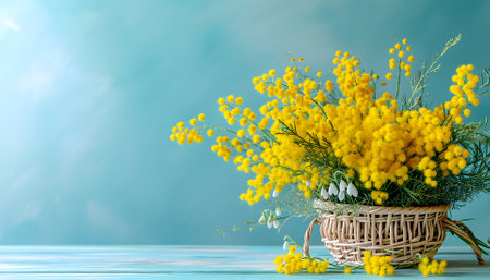 Basket of yellow mimosa flowers snowdrops on a blue spring backgroundの素材