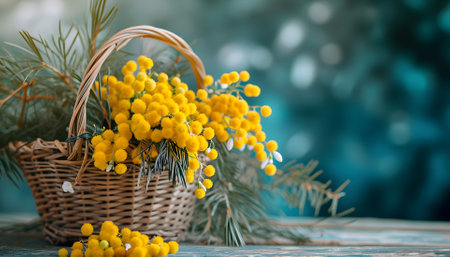 Basket of yellow mimosa flowers snowdrops on a blue spring backgroundの素材
