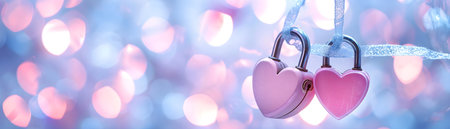 Valentines Day Wedding Love Birthday background banner panorama greeting card template - Pink heart love padlocks with bright heart bokeh lightsの素材
