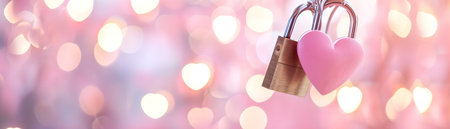 Valentines Day Wedding Love Birthday background banner panorama greeting card template - Pink heart love padlocks with bright heart bokeh lightsの素材