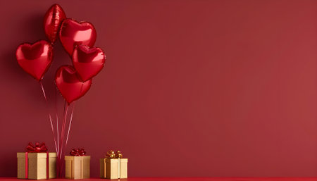 Happy Valentine's Day love or birthday celebration holiday background banner illustration greeting card - Red heart balloons and gold gift box on tableの素材