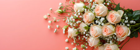 Mother's Day, spring, valentine's day wedding birthday or other celebration holiday concept greeting card template - Bunch bouquet of roses and gypsophila on peach fuzz paper table texture backgroundの素材