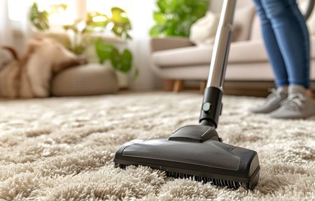 person vacuuming and cleaning a carpetingの素材