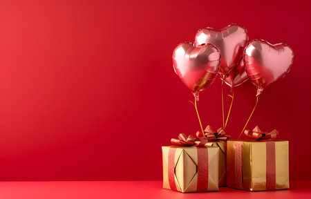 Happy Valentine's Day love or birthday celebration holiday background banner illustration greeting card - Pink heart balloons and gold gift box on tableの素材