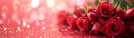 many red roses flat lay on red bokeh textureの素材