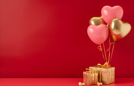 Happy Valentine's Day love or birthday celebration holiday background banner illustration greeting card - Pink heart balloons and gold gift box on tableの素材
