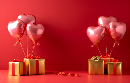 Happy Valentine's Day love or birthday celebration holiday background banner illustration greeting card - Pink heart balloons and gold gift box on tableの素材