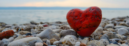 Vacation summer holiday travel tropical ocean sea panorama - Close up of stone heart on stone beach, with ocean or lake landscape in the backgroundの素材