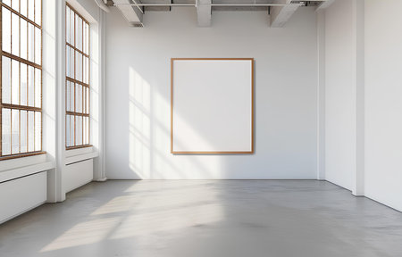 white wooden frame hanging from the wall of an empty roomの素材