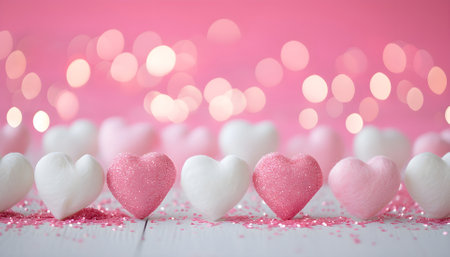 Happy Valentine's Day valentines day, love or birthday celebration holiday background banner illustration greeting card - Two pink hearts on table with bokeh lights and glitterの素材
