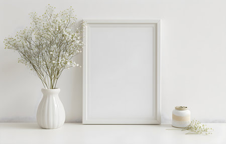 Wooden table with empty white frames over white wallの素材