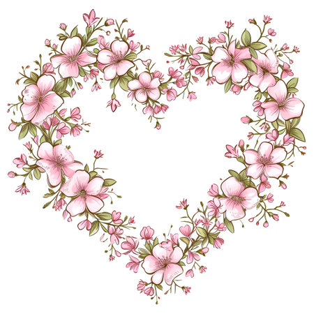 Beautiful pink flowers heart shape frame for valentine day card decorの素材