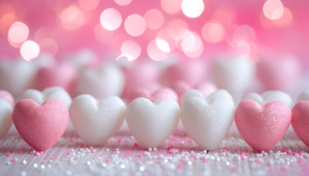 Happy Valentine's Day valentines day, love or birthday celebration holiday background banner illustration greeting card - Two pink hearts on table with bokeh lights and glitterの素材