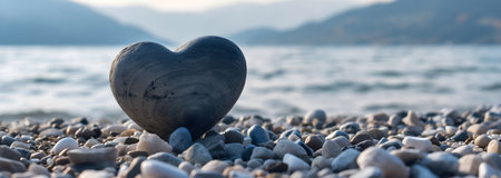 Vacation summer holiday travel tropical ocean sea panorama - Close up of stone heart on stone beach, with ocean or lake landscape in the backgroundの素材