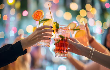 Hands holding glasses of coctail, people cheering with glasses on pastel bokeh backgroundの素材