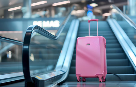 modern color suitcase stands on the metal escalator on blurred white airport backgroundの素材