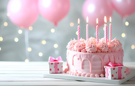 pink birthday cake with candles and gift boxes on white wooden table on blurred white party backgroundの素材