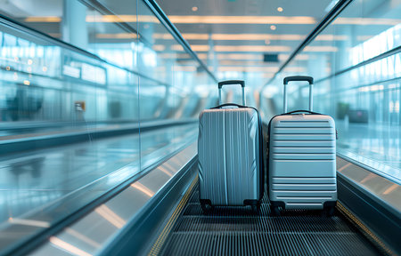 modern two suitcases stand on the metal escalator on blurred white airport backgroundの素材