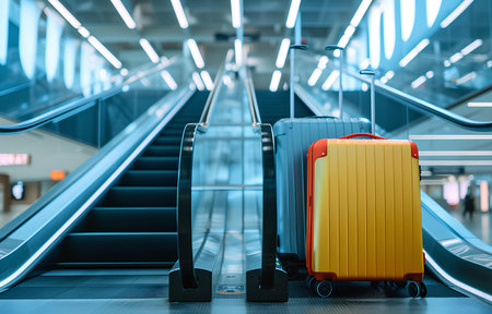 modern two suitcases stand on the metal escalator on blurred white airport backgroundの素材
